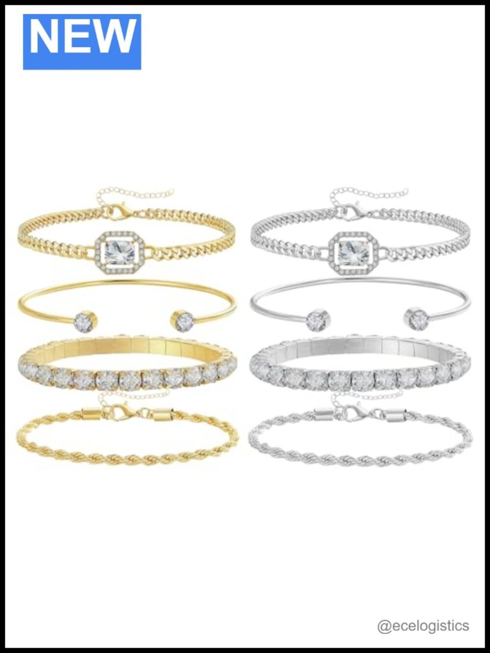 14K Gold Plated Layered Bracelet Set for Women, 8 Piece Stackable Chain